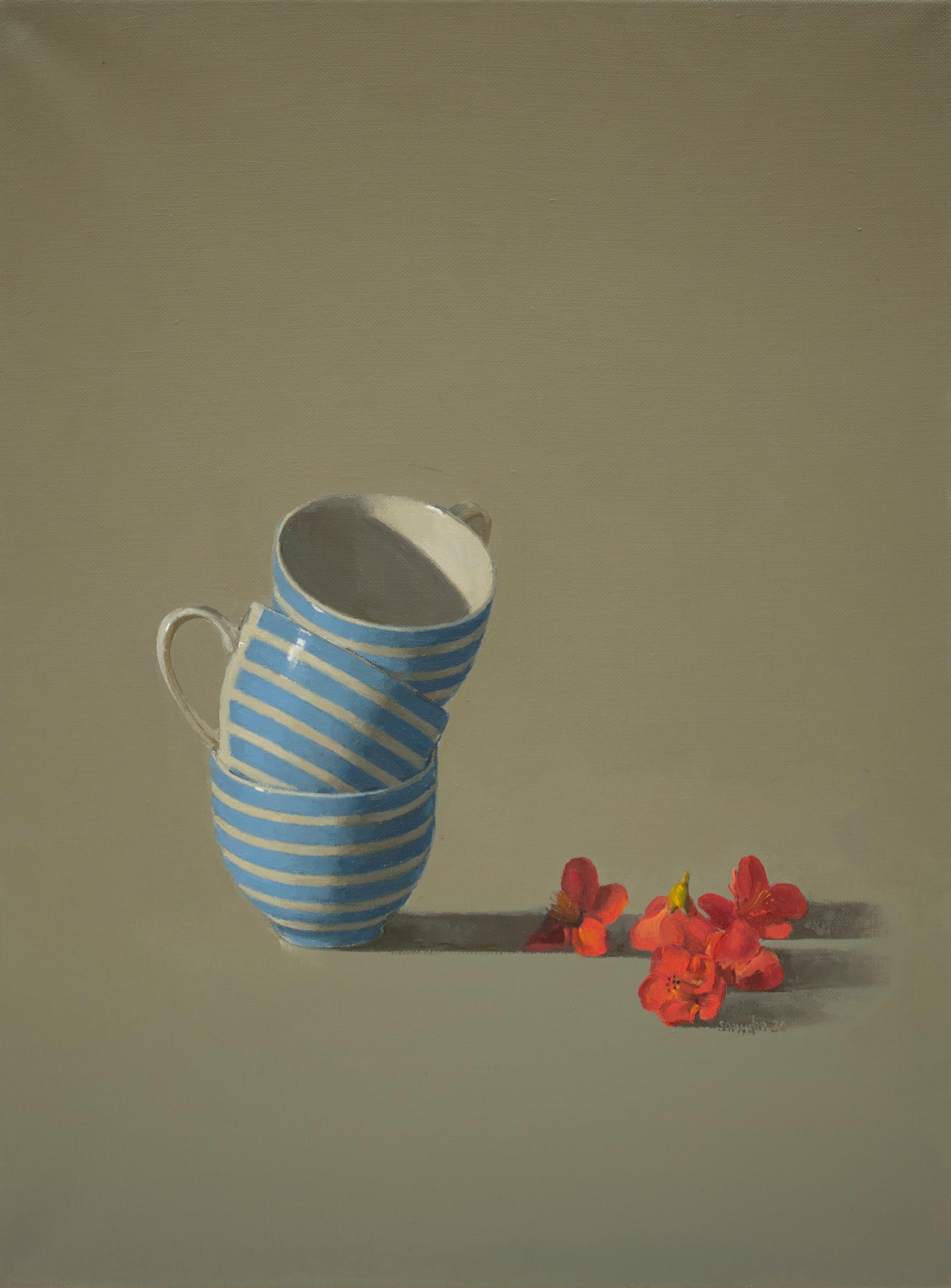 Original artwork by established Australian painter Tim Snowdon.
Striped cups with blossom, oil on linen, 23.8 inches x 21.4 inches, 2020

“I try to paint images that are interesting as tactile compositions. Sensual illusions. I want my paintings to