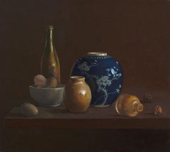 Three bottles triptych, still life banquet scene oil painting by Tim Snowdon