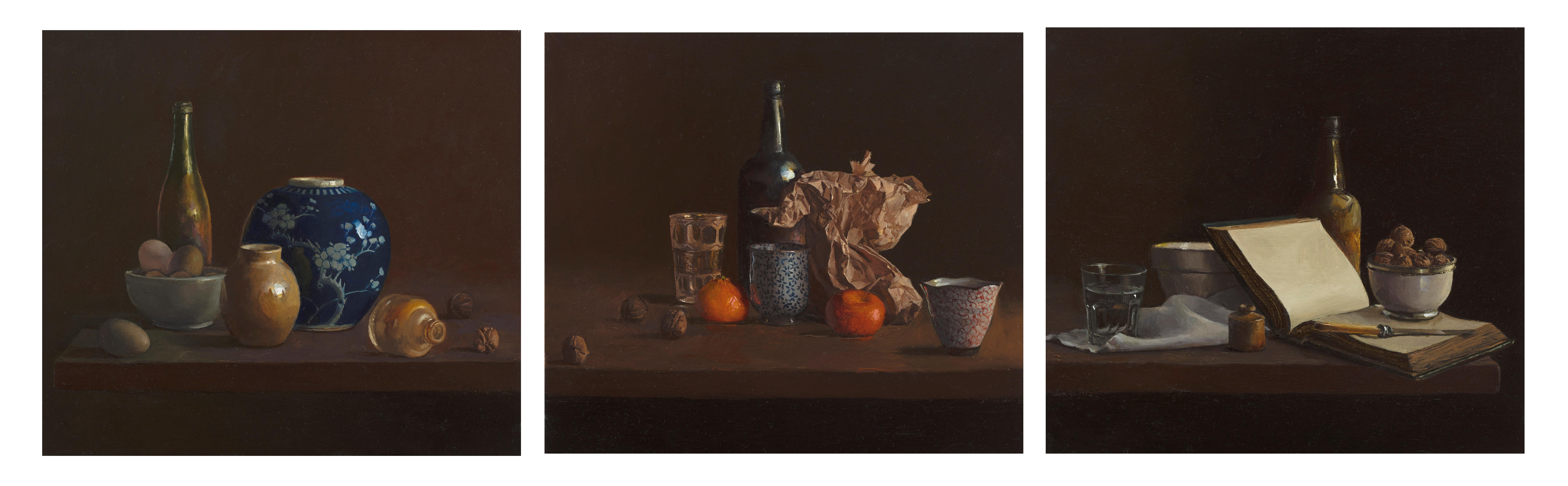 Breathtaking still life triptych by experienced Australian artist Tim Snowdon. The Three Bottles triptych showcases the tremendous skill of the painter rendering glass, fabric, and ceramics in a classic banquet scene. Each of the three paintings on