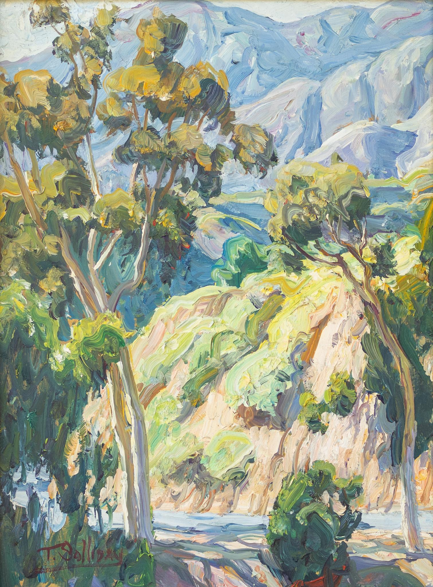 Landscape Painting Tim Solliday - Scène de paysage colline avec arbres d'eucalyptus de Californie