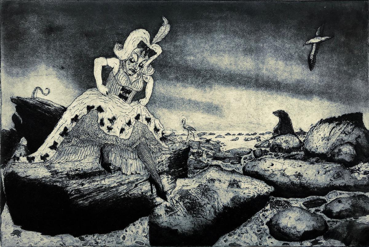Tim Southall  Landscape Print - Drag Queen on the Rocks, Tim Southall, Handmade print, Figurative Art for Sale