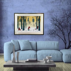 A. Winter Play quadro originale, dipinto di paesaggio, contemporaneo, natura, animali