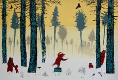 A. Winter Play quadro originale, dipinto di paesaggio, contemporaneo, natura, animali
