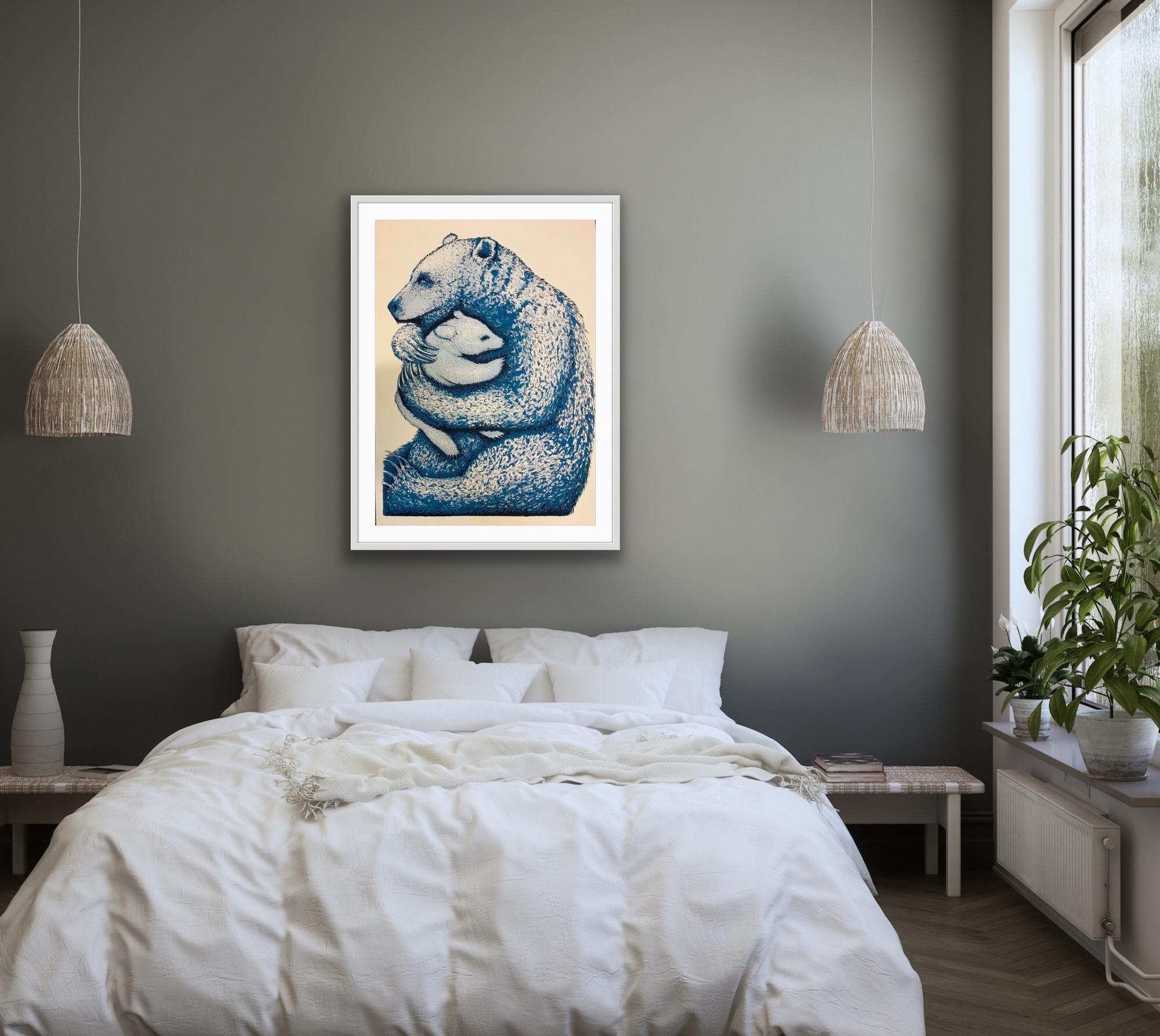 Bear Hugs (Blue), Silkscreen Print, Animal art, Limited edition, Affordable art For Sale 2