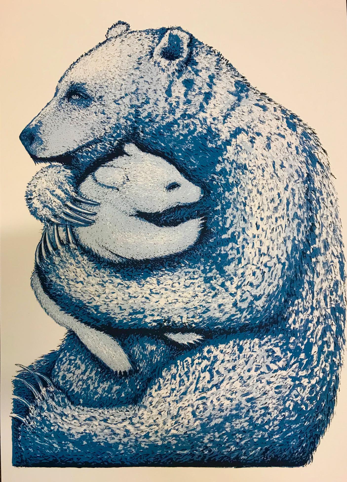 Bear Hugs (bleu), sérigraphie, art animalier, édition limitée, art abordable