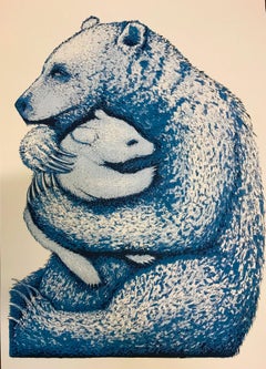 Bear Hugs (bleu), sérigraphie, art animalier, édition limitée, art abordable