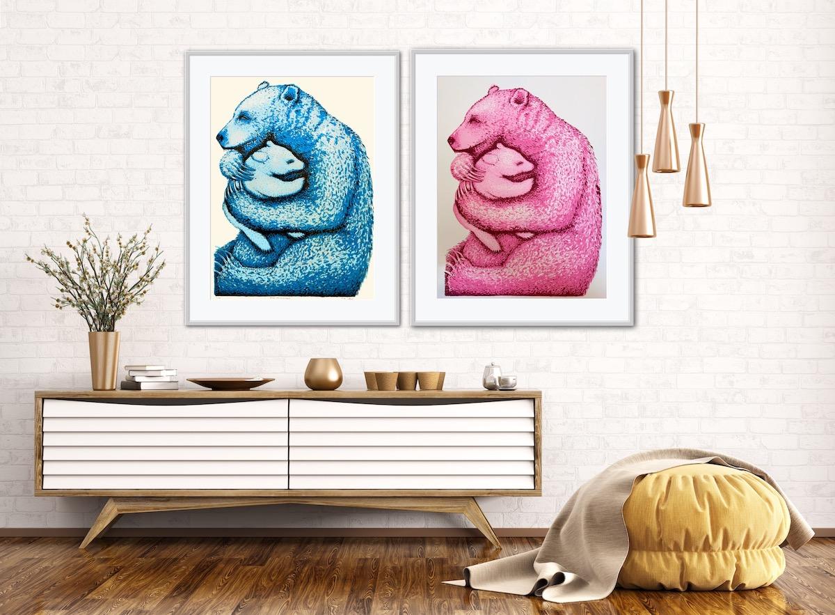 Bear Hugs (Hot Pink and Blue) Diptych - Print by Tim Southall
