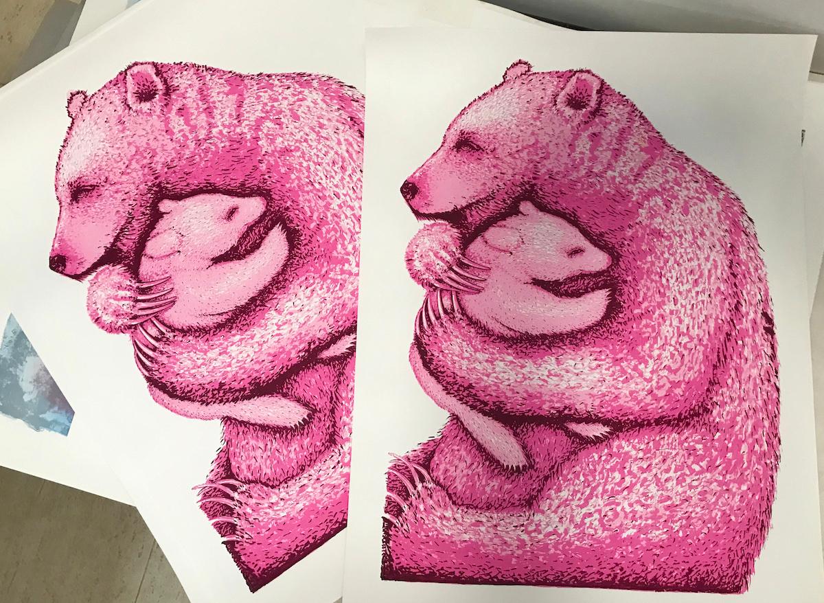 Bear Hugs (Hot Pink and Blue) Diptych - Gray Animal Print by Tim Southall