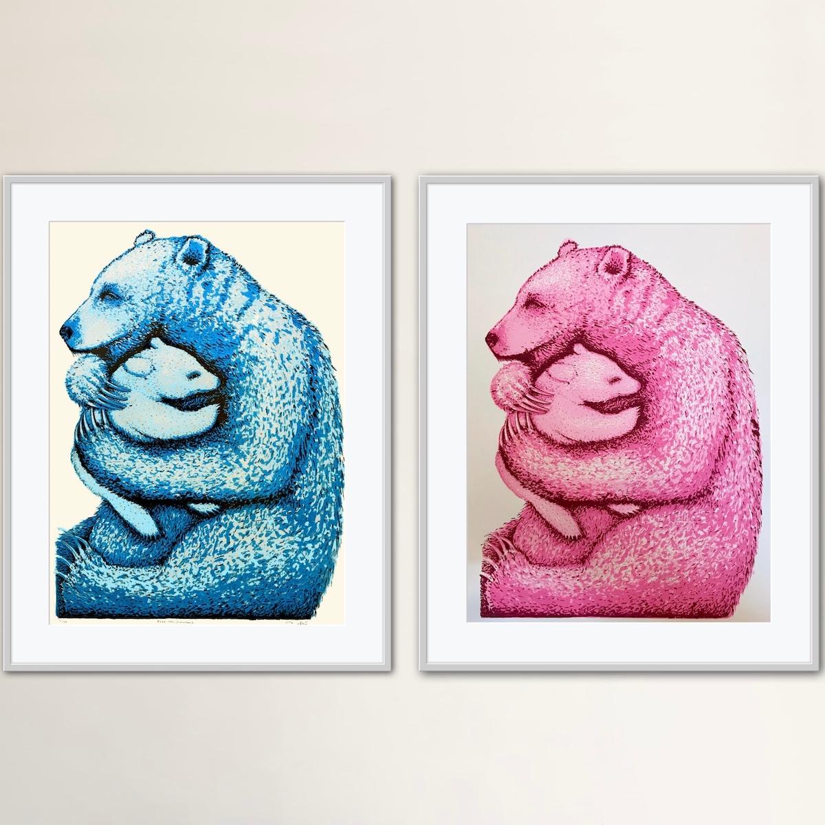 Tim Southall Animal Print - Bear Hugs (Hot Pink and Blue) Diptych
