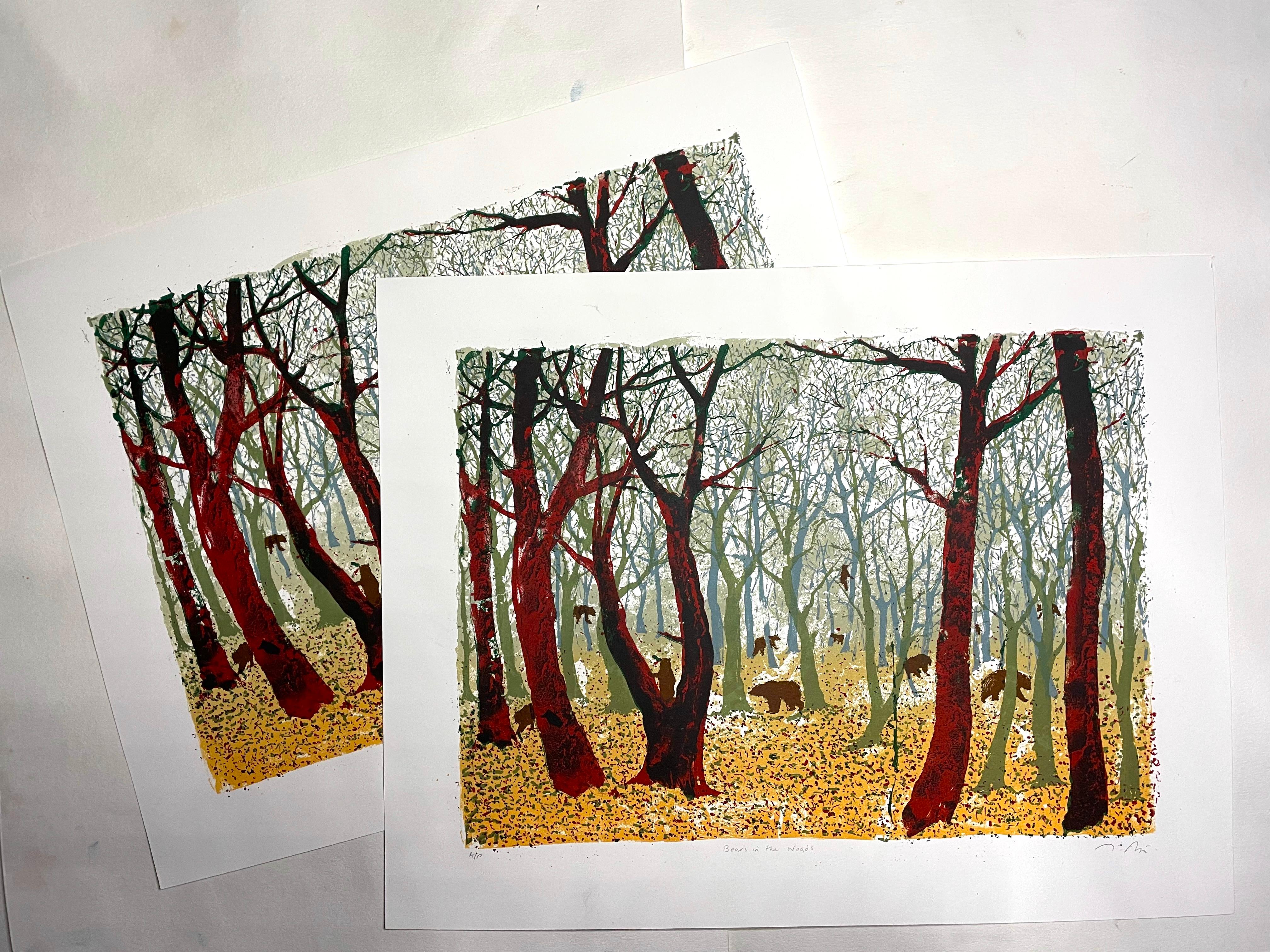 Bears in the Woods, impression d'art, chiens, animaux, folklore, art bleu abordable - Print de Tim Southall
