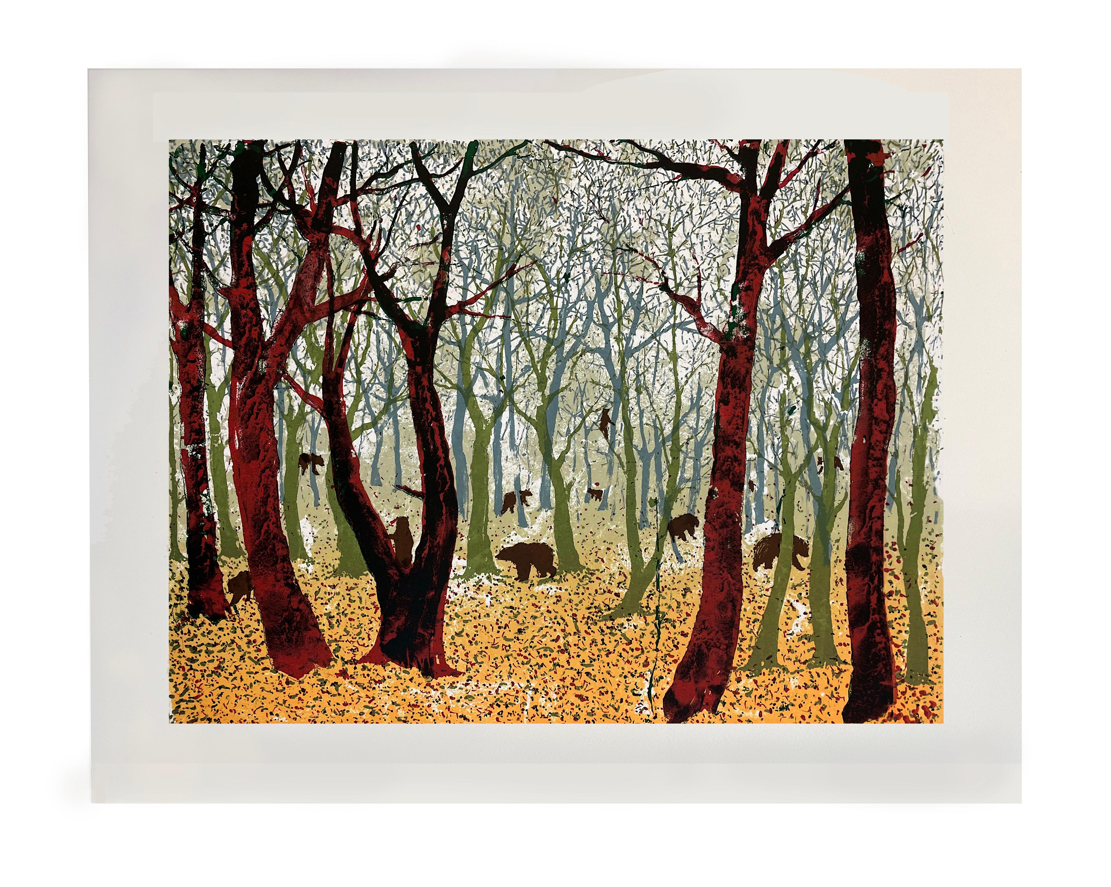 Bears in the Woods, impression d'art, chiens, animaux, folklore, art bleu abordable - Noir Animal Print par Tim Southall