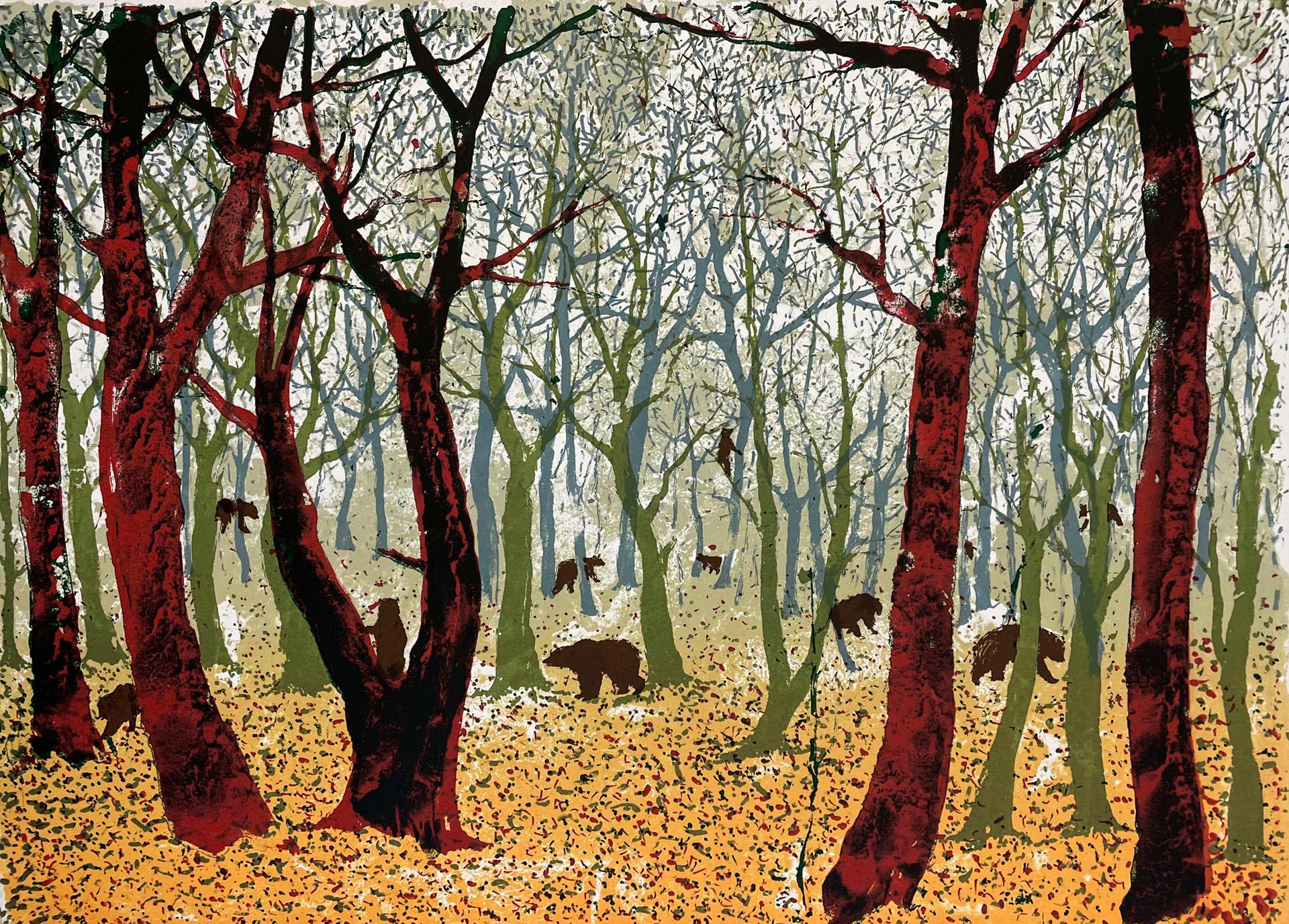 Bears in the Woods, Art Print, Dogs, Animals, Folk, Blue Affordable art For Sale 4