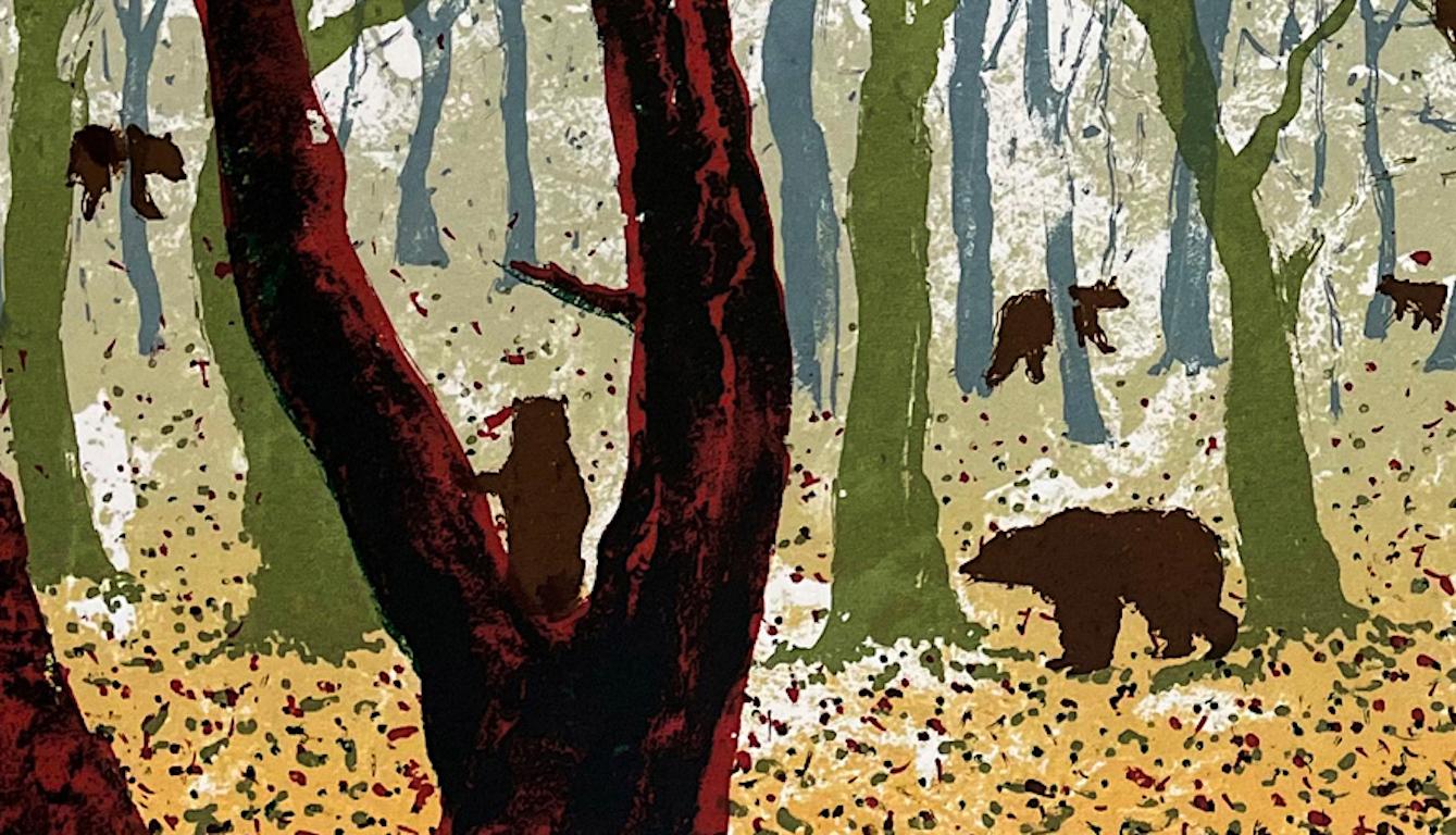 Bears in the Woods, Art Print, Dogs, Animals, Folk, Blue Affordable art For Sale 5