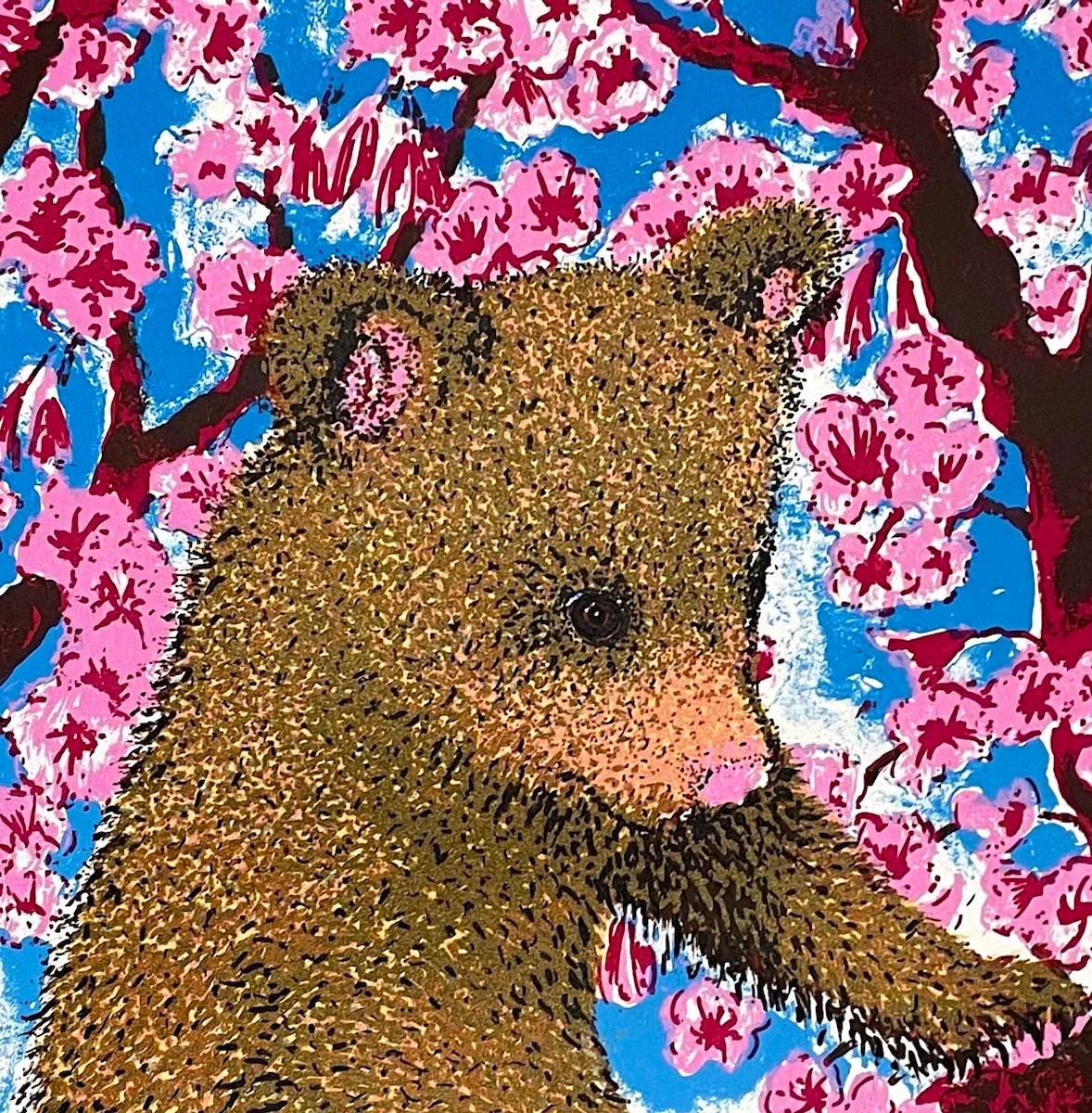 Cherry Blossom Bear Cub, Impressionist Style Handmade Print, Animal Art - Black Animal Print by Tim Southall