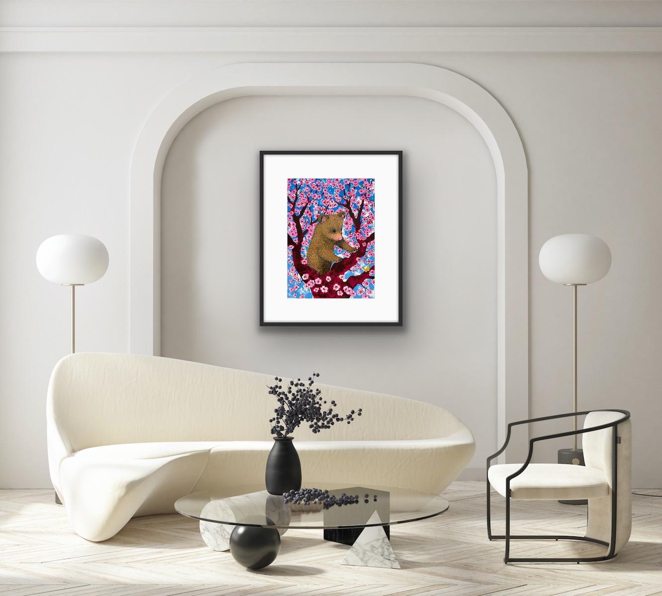 Cherry Blossom Bear Cub, Impressionist Style Handmade Print, Animal Art For Sale 1