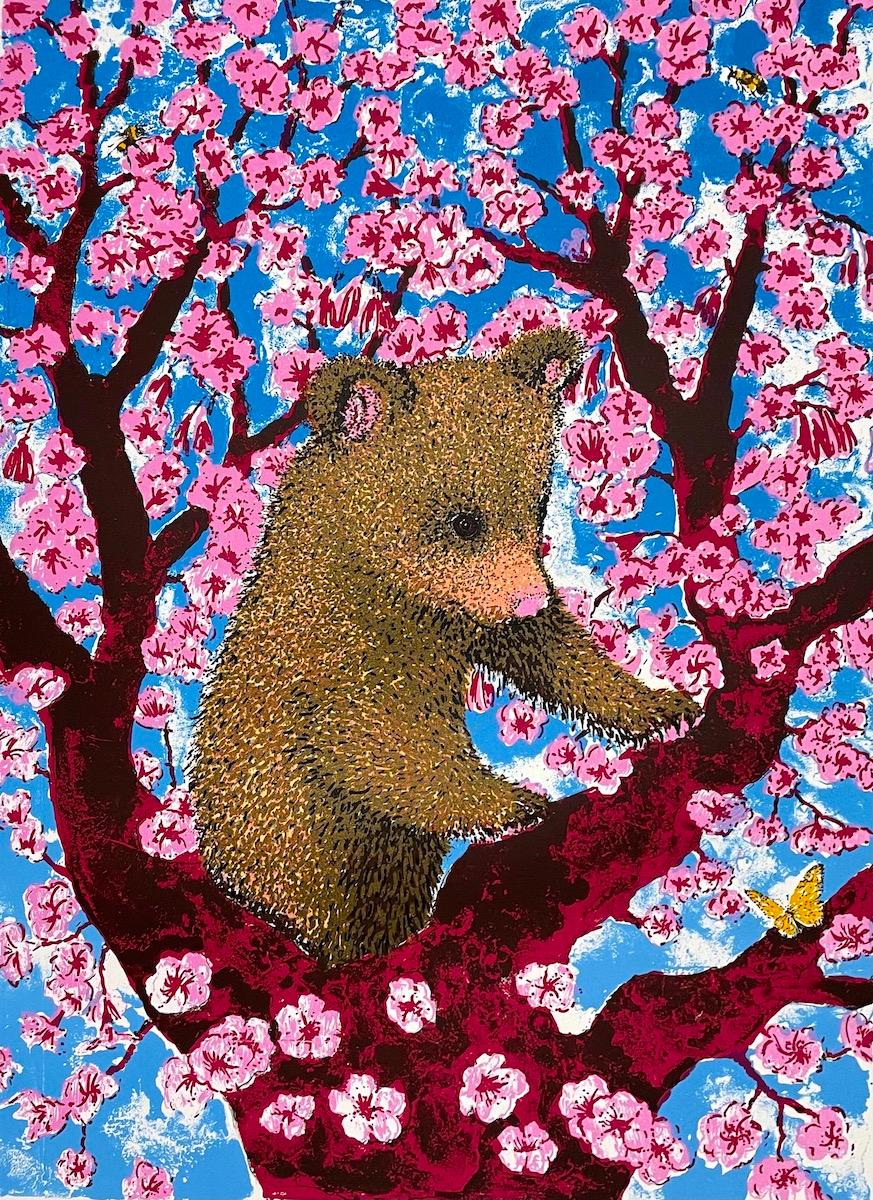 Tim Southall Animal Print - Cherry Blossom Bear Cub, Impressionist Style Handmade Print, Animal Art