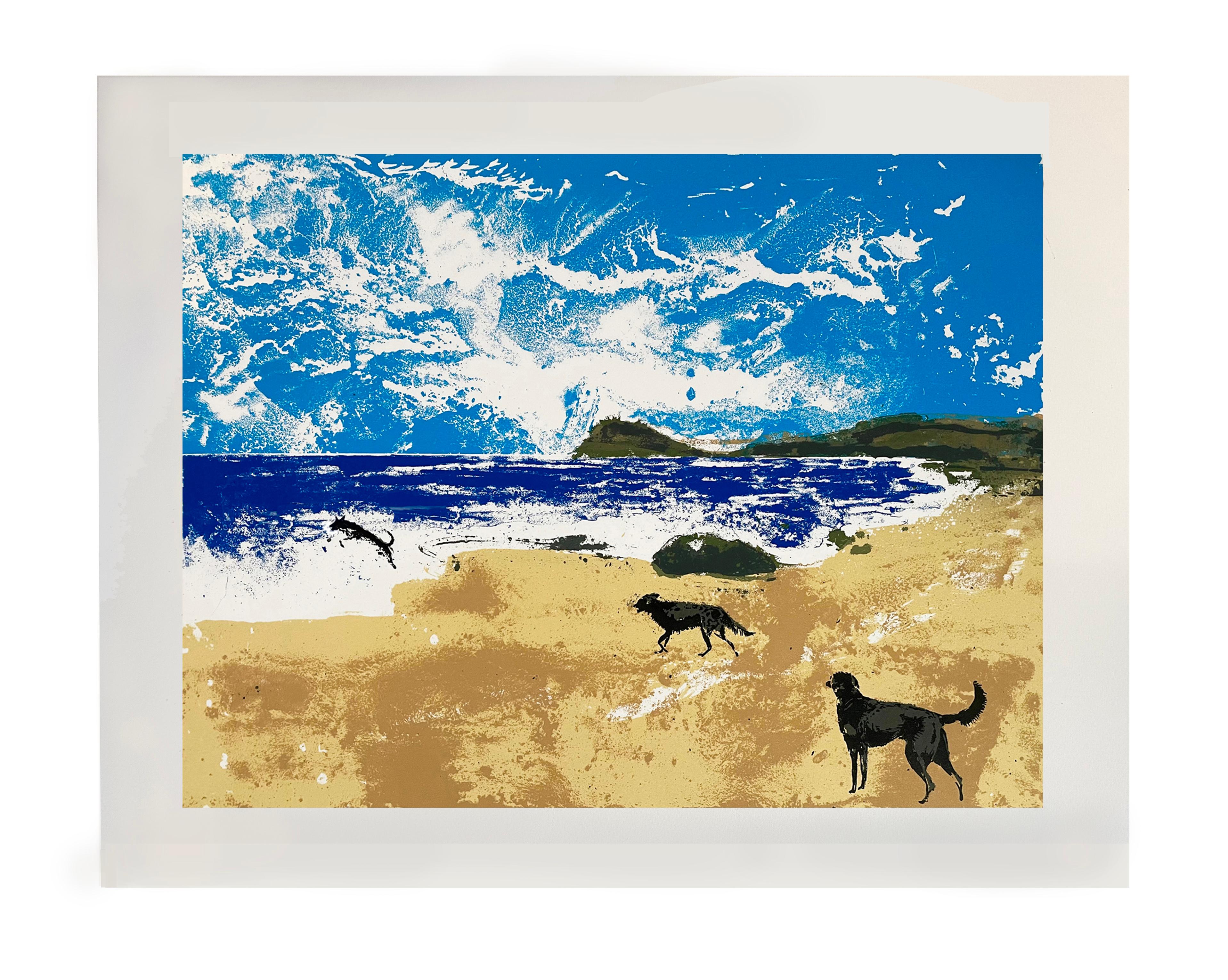 Three dogs have fun on a deserted beach. This 6 colour silkscreen is made on a heavyweight 300 gram handmade paper from St Cuthbert's Mill in Somerset. The print is created by printing each colour separately, gradually building up the