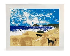 Dogs on a Beach, Art Print, Dogs, Animals, Folk, Blue Affordable art