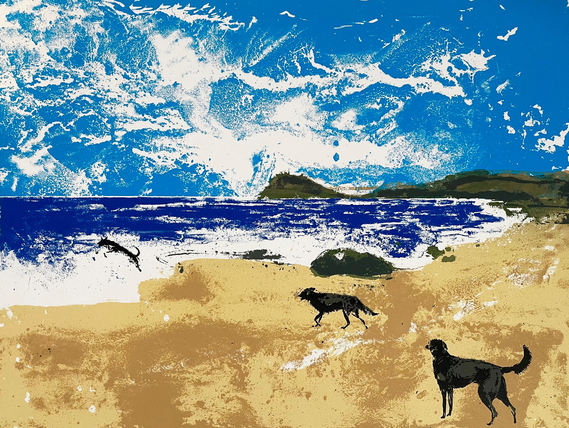 Drei Hunde haben Spaß an einem einsamen Strand. Dieser 6-Farben-Siebdruck wurde auf schwerem 300-Gramm-Büttenpapier von St Cuthbert's Mill in Somerset hergestellt. Der Druck entsteht, indem jede Farbe einzeln gedruckt wird und sich das Bild nach und