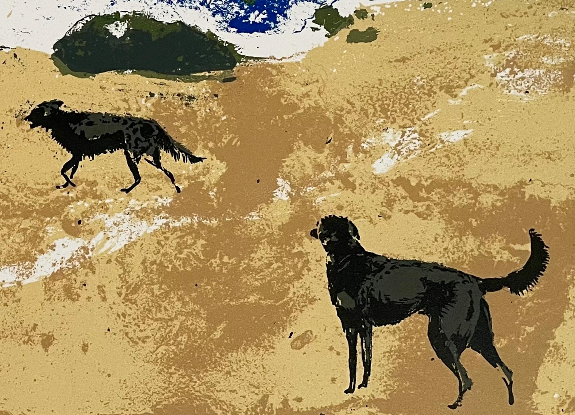 Dogs on a Beach, Kunstdruck, Hunde, Tiere, Volkskunst, Blau Affordable Art im Angebot 1