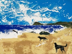 Dogs on a Beach, Art Print, chiens, animaux, folklore, art bleu abordable