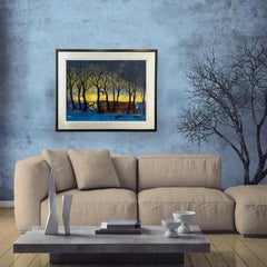 Hunter's Moon, Art Print, Wolf, Animals, Screen print, Folk, Blue Affordable art