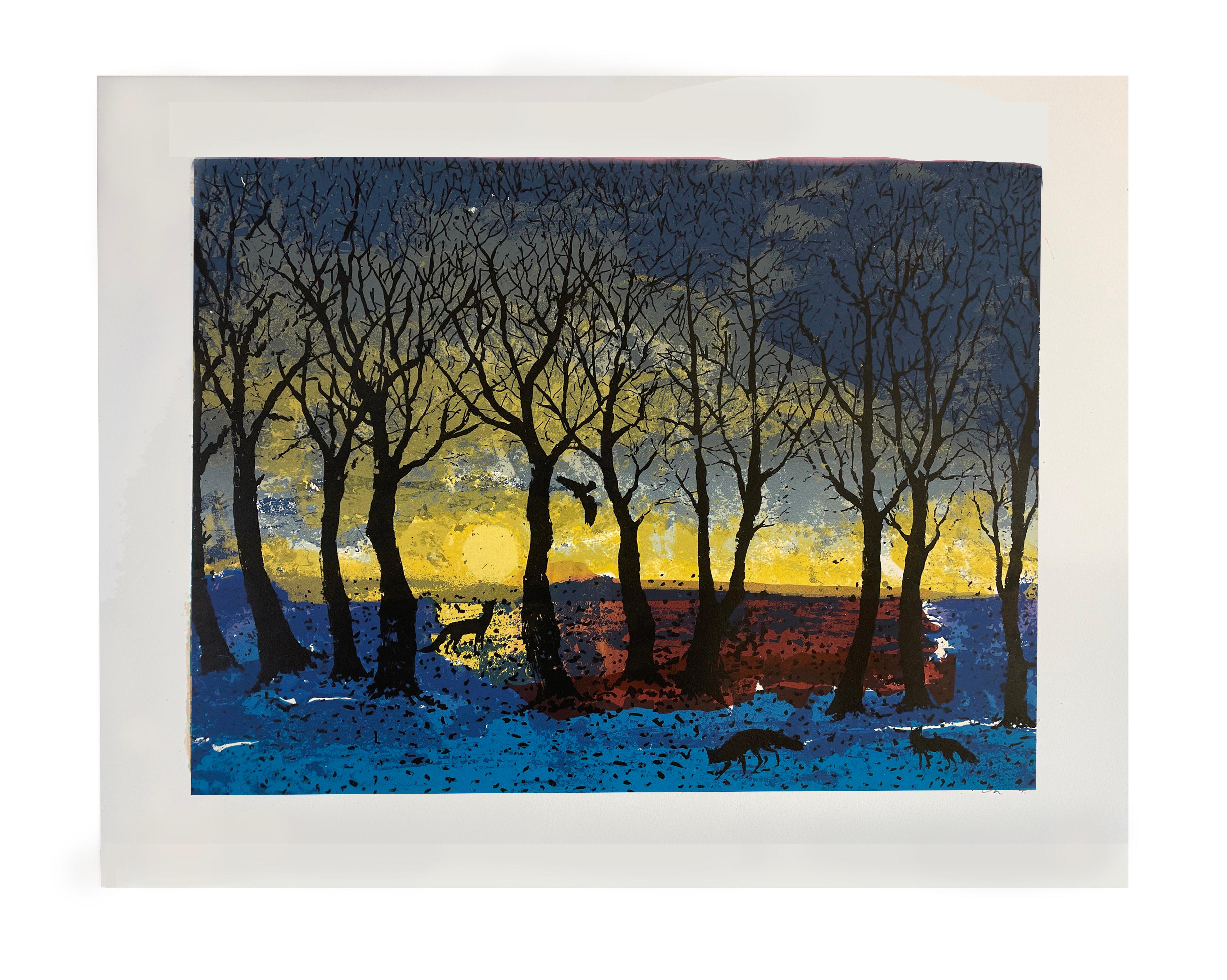 Hunter's Moon, Art Print, Wolf, Animals, Screen print, Folk, Blue Affordable art For Sale 1