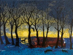 Hunter's Moon, Stampa d'arte, Lupo, Animali, Serigrafia, Folk, Arte accessibile blu