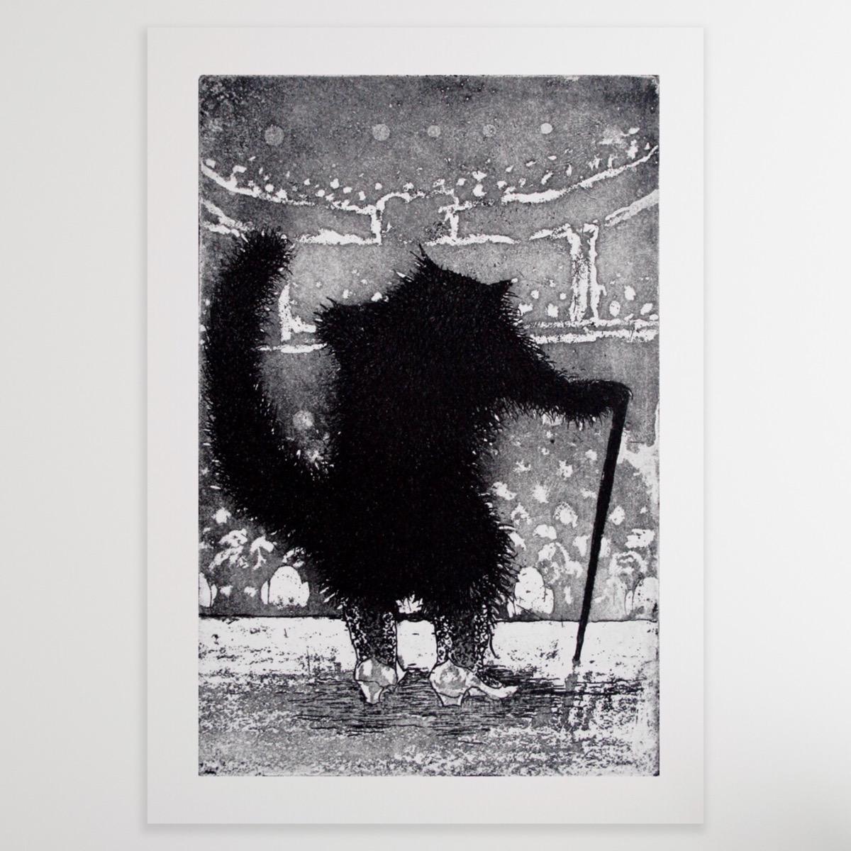 Old Puss in Boots' by Tim Southall. Old Puss in Boots is a seasoned performer, spinning tales to a packed theatre audience. Once sprightly, he now stands with a cane, but age has not diminished him. He is still a star! This etching and aquatint by