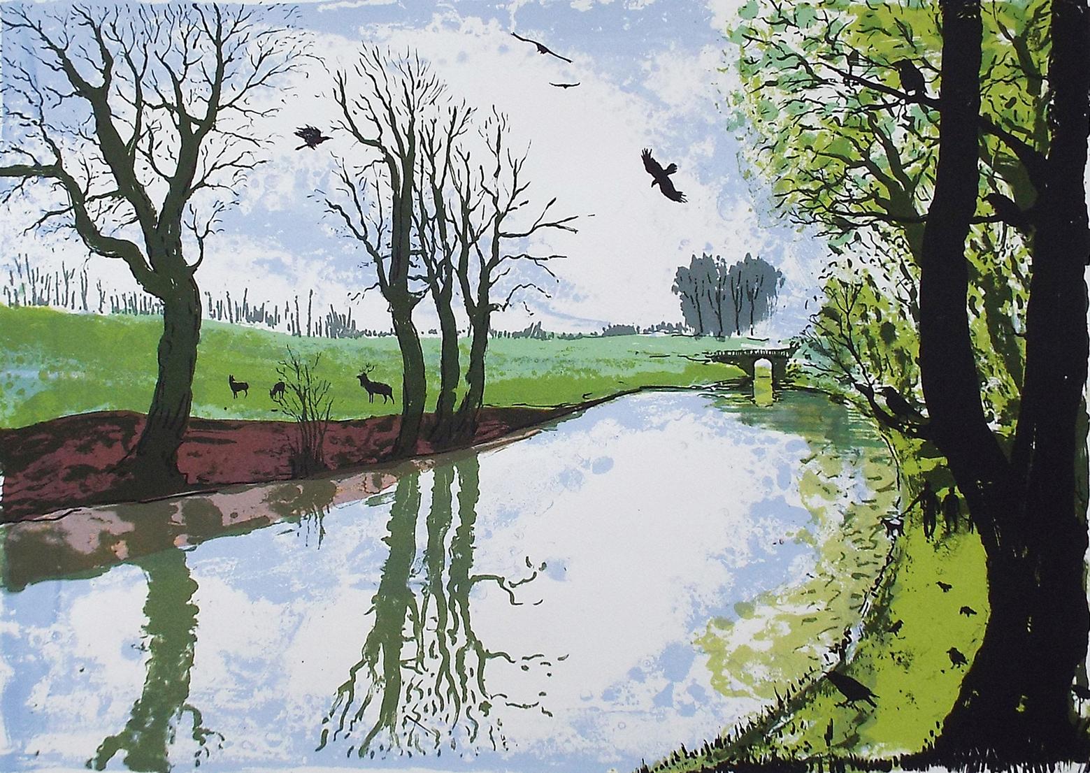 Tim Southall Animal Print - On the Tow Path, Animal Art, Landscape Print, English Countryside Print