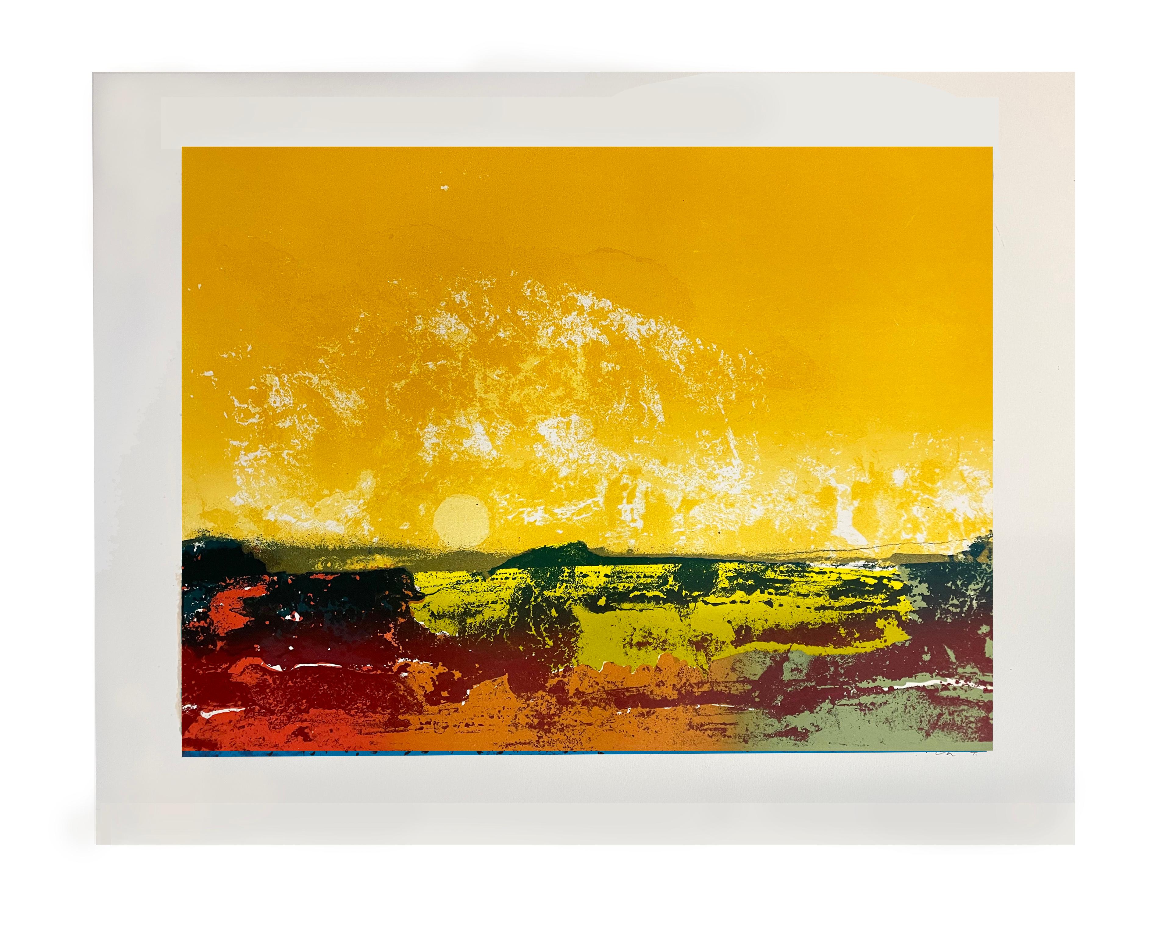 This eight colour silkscreen print is all about the landscape and the dazzling colours of a hot summer day. This 8 colour silkscreen is printed on Somerset Velvet, a heavyweight 300 gram handmade paper from St Cuthbert's Mill in Somerset, and is in