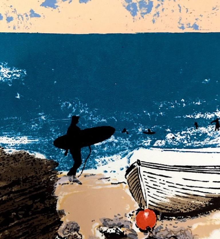 Beach boys, Limitierte Auflage Landschafts- und Seasacpe-Druck  (Blau), Landscape Print, von Tim Southall