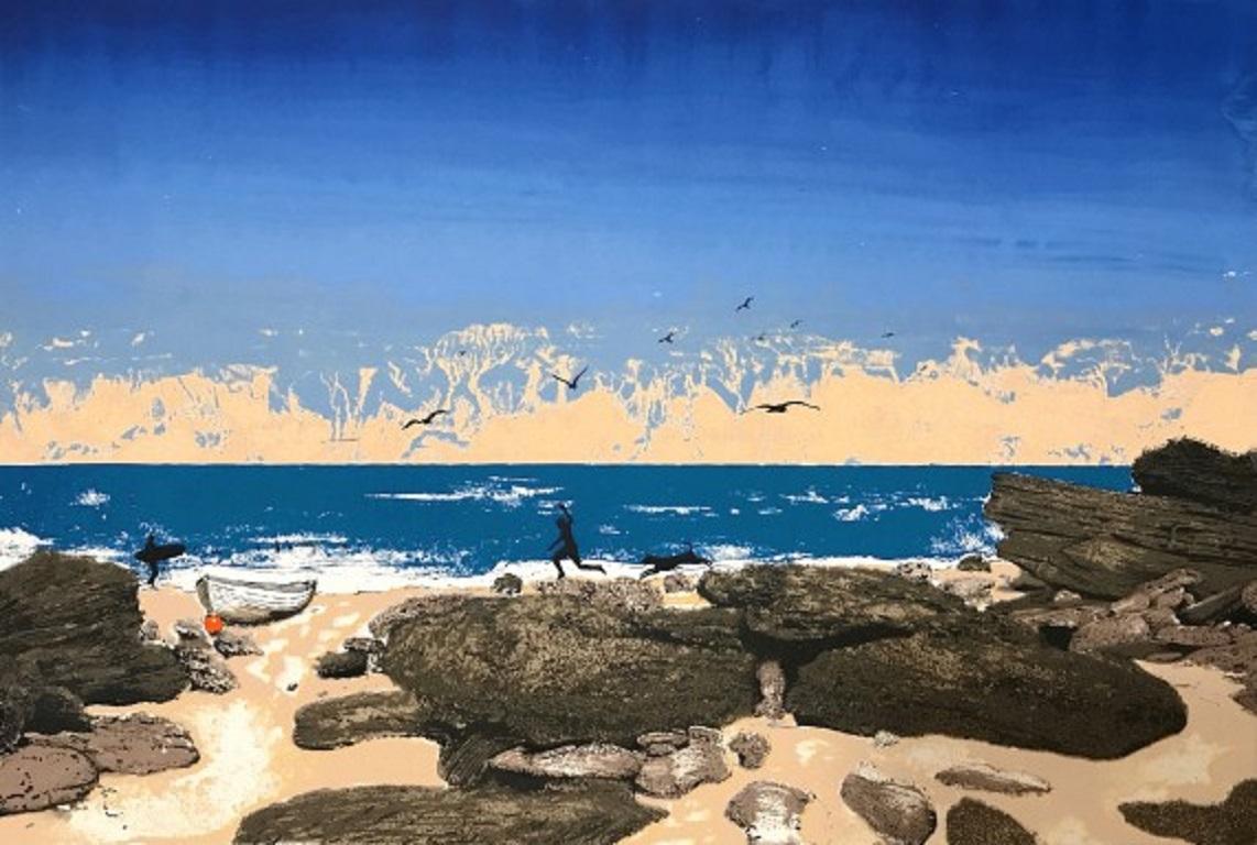 Tim Southall, Beach boys, Limited edition landscape and seasacpe print 
