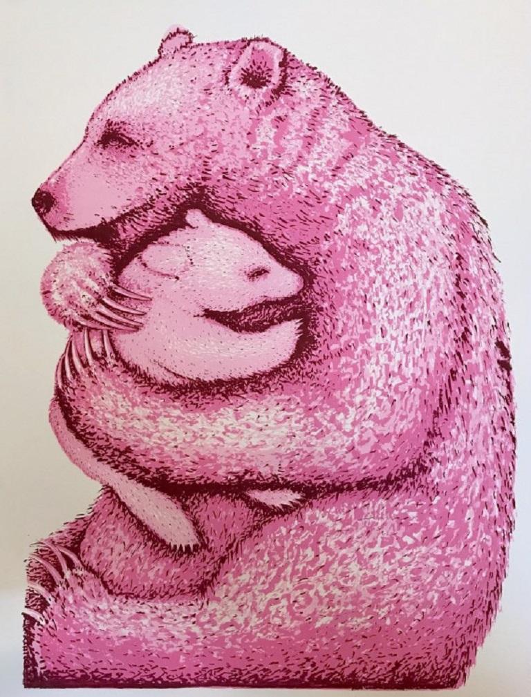 Écharpe Ours Hugs (rose vif), estampe d'ours fantaisie, art animalier, édition limitée