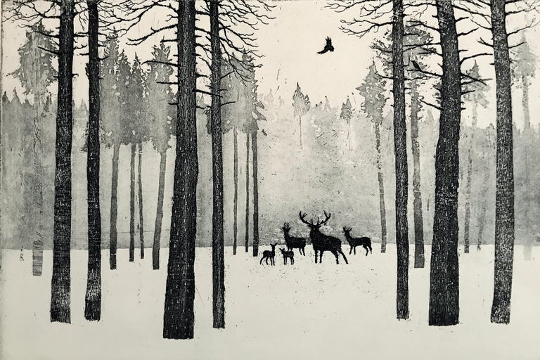 Tim Southall
Deer in Winter
Limited Edition Etching
Edition of 75
Image Size: H 20cm x W 30cm
Sheet Size: H 35cm x W 42cm x D 0.1cm
Sold Unframed
(Please note that in situ images are purely an indication of how a piece may look.)

Deer in Winter is