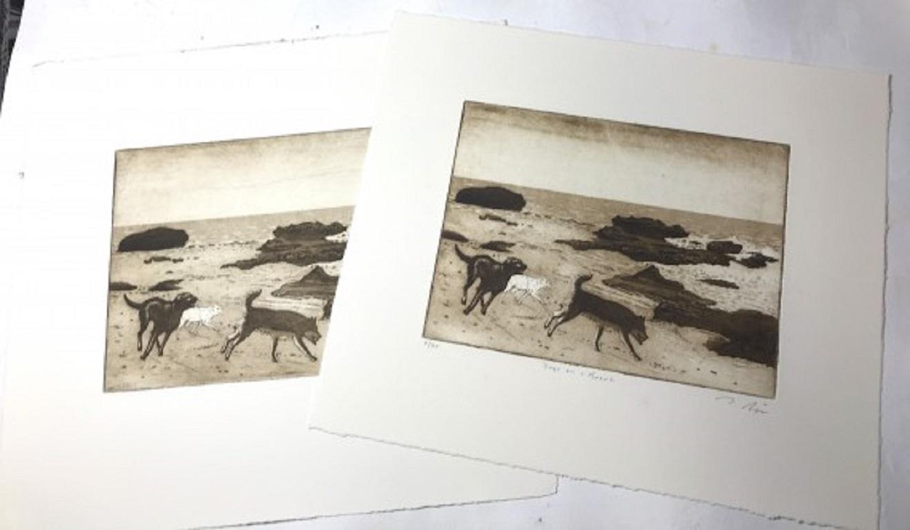 Dogs on a Beach By Tim Southall [2017]
Limited Edition
Etching
Edition number 75
Image size: H:15 cm x W:20 cm
Complete Size of Unframed Work: H:25 cm x W:30 cm x D:0.1cm
Sold Unframed
Please note that insitu images are purely an indication of how a