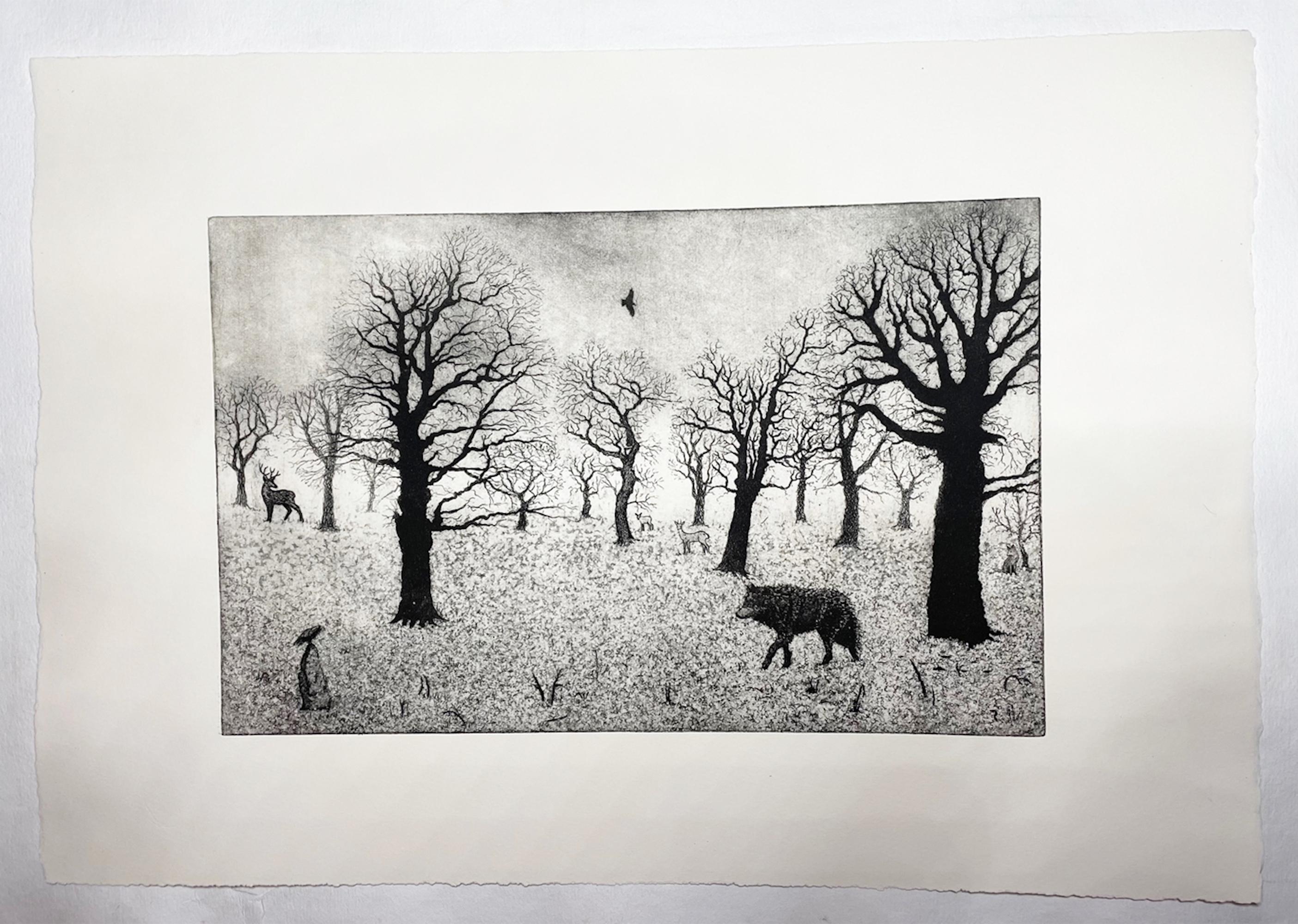Tim Southall, Lone Wolf, Impression faite à la main en noir et blanc, Art de paysage moderne en vente 2