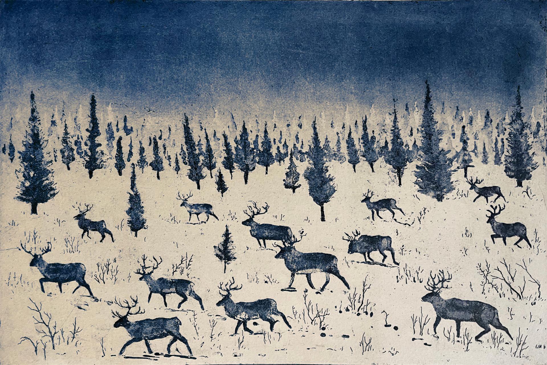 Animal Print Tim Southall - Where Reindeer Roam, estampes en édition limitée, art à prix abordable, imprimé animal