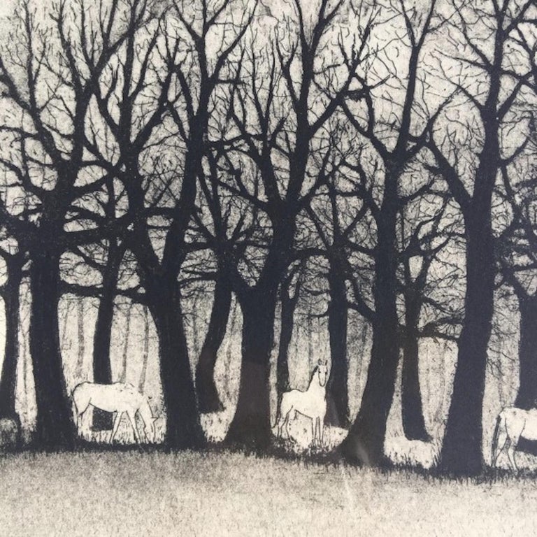 White Horses, Tim Southall, Limited Edition, Tree Artwork, Animal Artwork, Art - Gray Landscape Print by Tim Southall