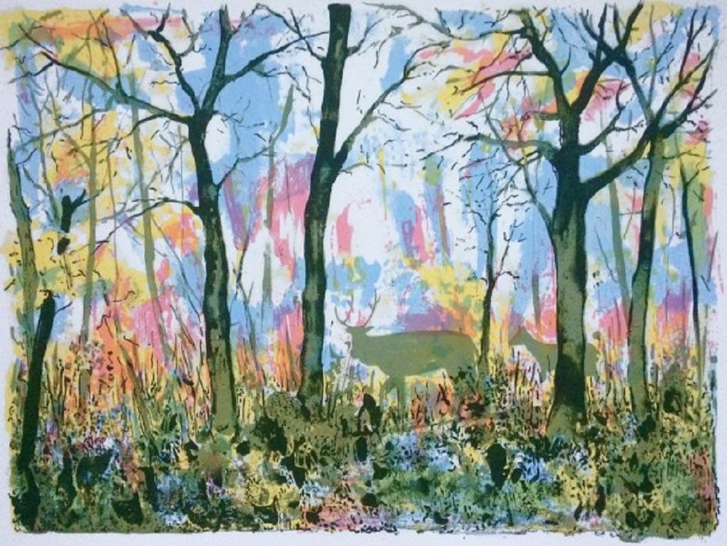 Escena del bosque es una edición limitada de Tim Southall. El sol de primera hora de la mañana brilla en una tranquila escena boscosa mientras dos ciervos pasean sin ser molestados por la maleza. A menudo en mi trabajo busco captar una atmósfera,