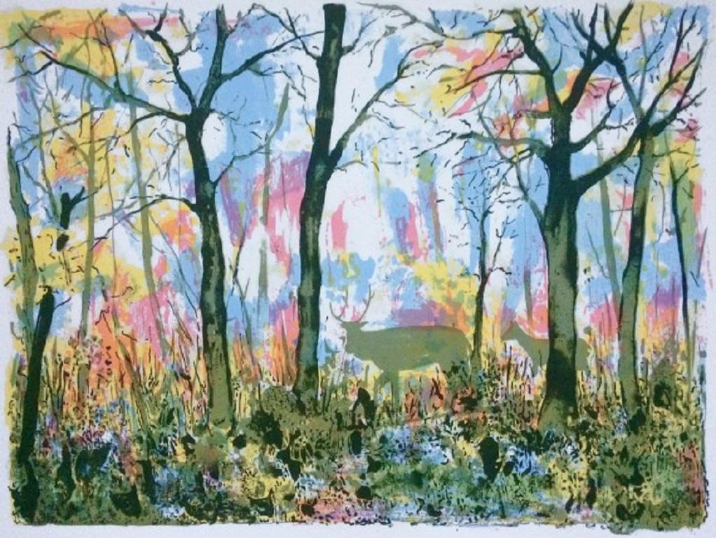 Woodland Scene ist ein Druck in limitierter Auflage von Tim Southall. Die morgendliche Sonne schimmert in einer ruhigen Waldlandschaft, während zwei Rehe ungestört durch das Unterholz spazieren. In meiner Arbeit versuche ich oft, eine Atmosphäre,