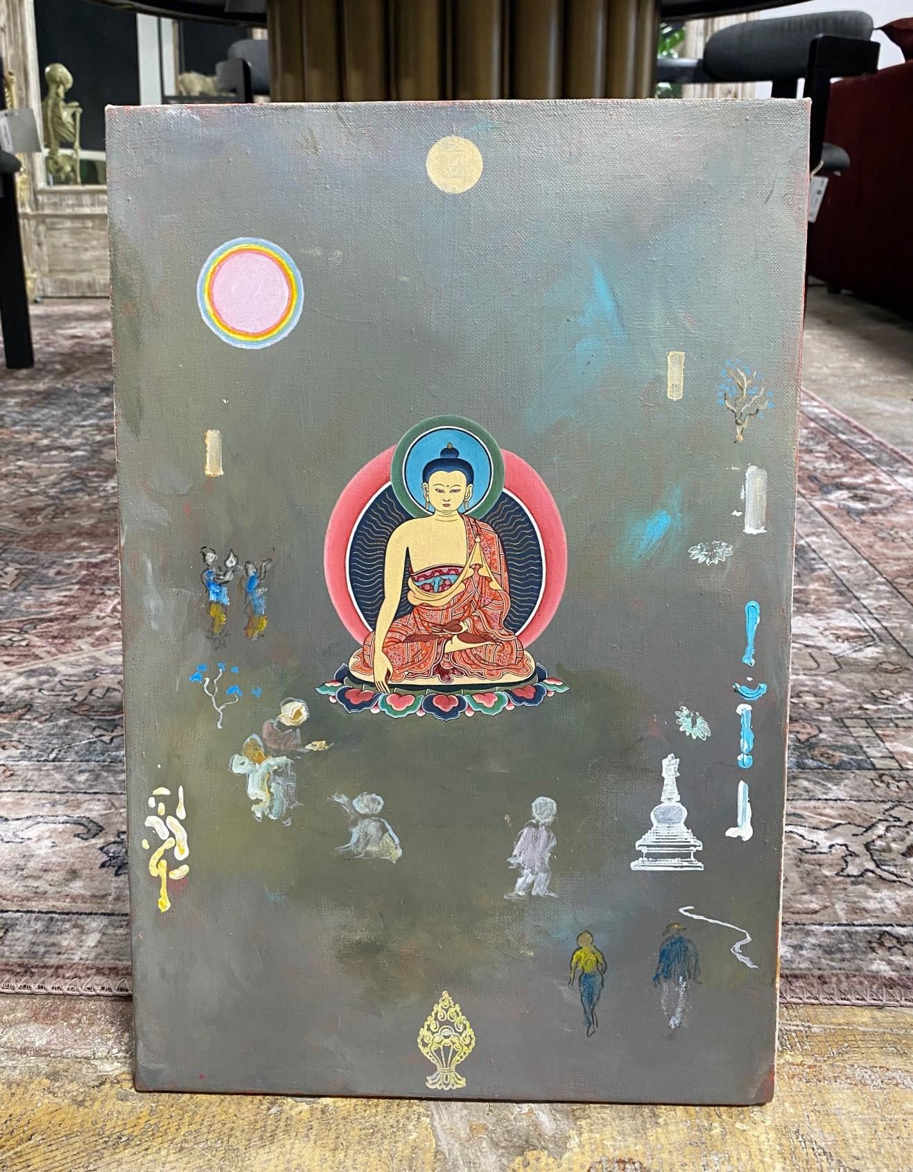 A beautiful original painting of the Buddha by Australian artist Tim Johnson in collaboration with artist Daniel Bogunovic. Johnson was born in Sydney in 1947. His artistic career began in the 1960s. His works are often infused with spiritual