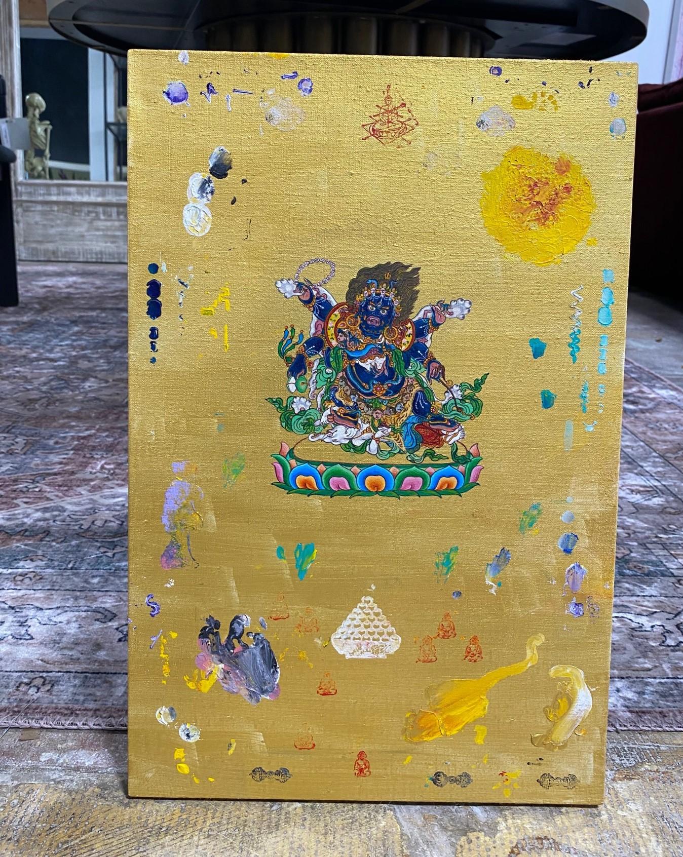 A beautiful original painting of a Tibetan Buddhist deity by Australian artist Tim Johnson. The bold colors and detail of the deity are quite skilled and intricate. Johnson was born in Sydney in 1947. His artistic career began in the 1960s. His