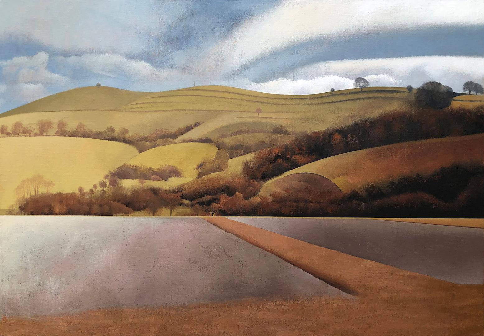 Autumn at Pegsdon, Landscape painting, oil on canvas, 105cm x 74 cm including black wooden frame. signed in the right hand corner TWJ, also signed on the back. View of Pegsdon Hill in The chilterns in late Autumn. The field is bare of its crop and