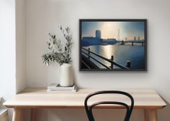 Charing Cross Bridge, London Cityscape Painting, Realist Blue London Artwork