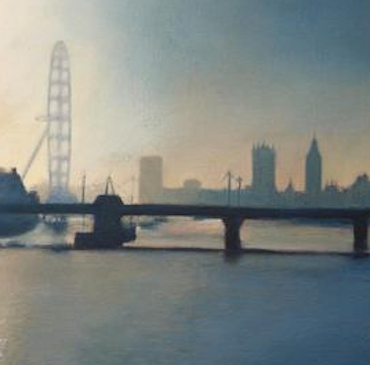 London Skyline painting. View across the Thames from Waterloo Bridge towards Charing X Bridge early morning in Winter. Oil on canvas,
unframed.
Artist Tim Woodcock-Jones original paintings are available for sale with Wychwood Art. Discover new