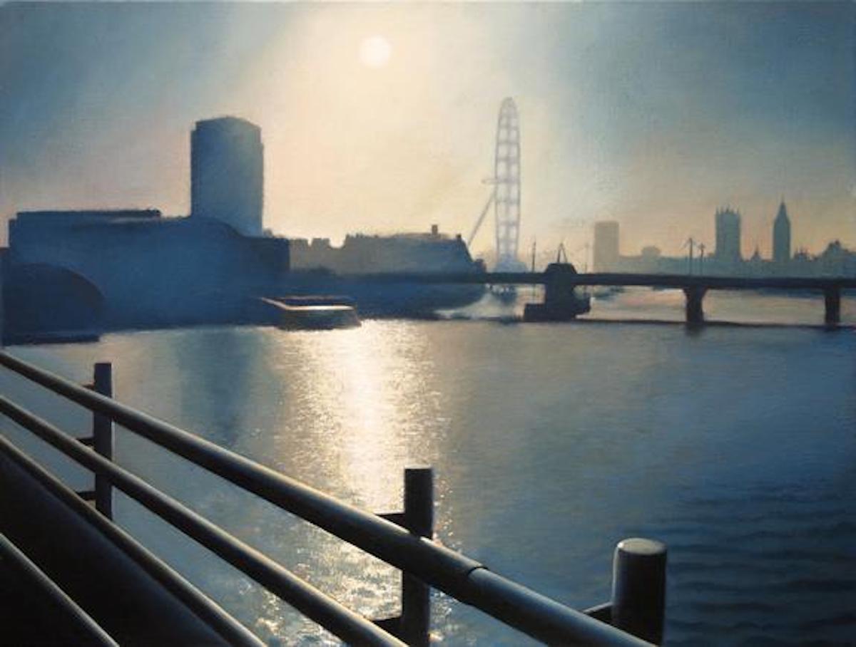 Tim Woodcock-Jones Interior Painting - Charing Cross Bridge, London Cityscape Painting, Realist Blue London Artwork