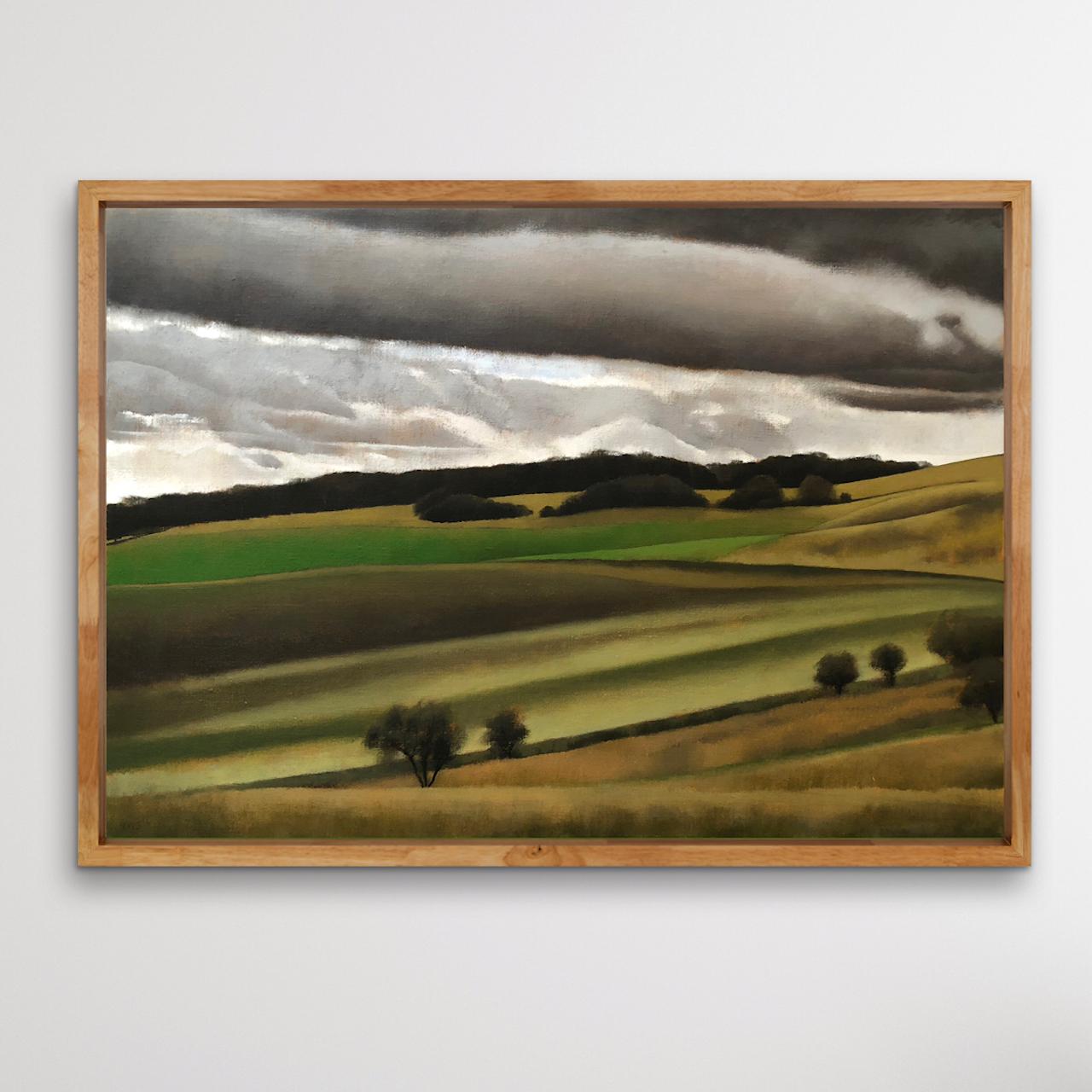 Near Ashridge, peinture à l'huile originale de paysage, verts et jaunes, art Cotswold - Contemporain Painting par Tim Woodcock-Jones