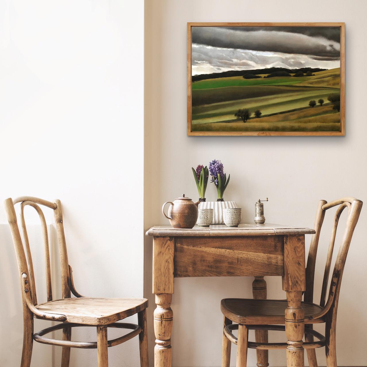 Near Ashridge, peinture à l'huile originale de paysage, verts et jaunes, art Cotswold en vente 2