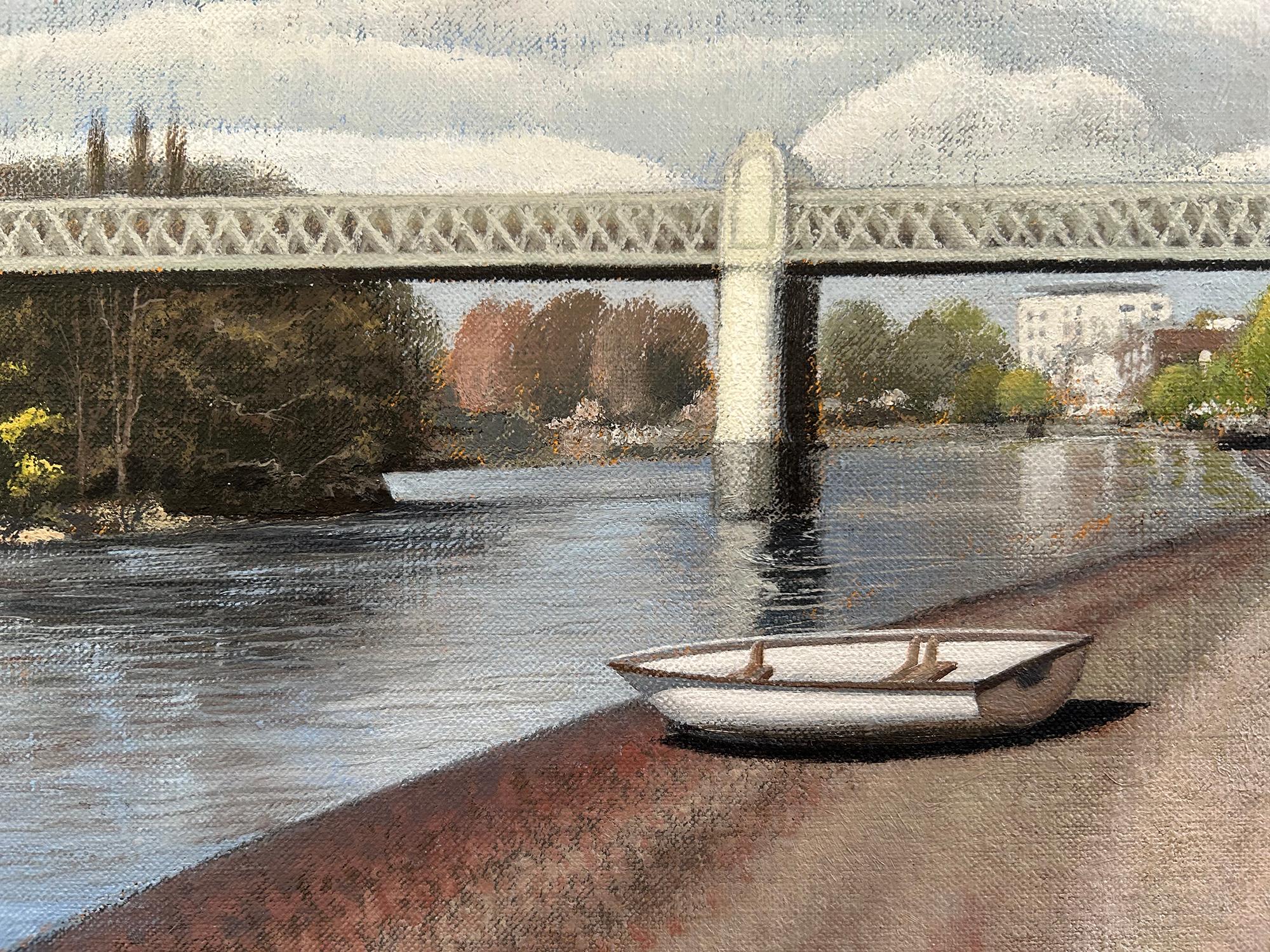 A view of Strand-on-the-Green in Chiswick with Kew railway bridge in the foreground. Low tide in mid April.

Additional information:
Oil on Canvas
79 H x 48.5 W x 3 D cm (31.10 x 19.09 x 1.18 in)
Sold framed
Image size: 
Height: 45.5cm (17.91 in)